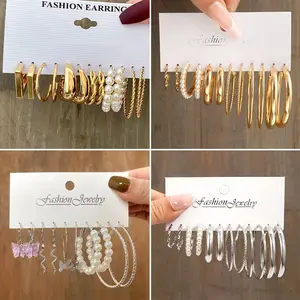 5~6 pasang/set Anting Mutiara Retro Geometris Emas, Aksesori Lingkaran Logam Kupu-Kupu Trendi