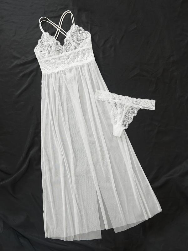 Women's Sheer Criss Cross Cami Nightdress & Scallop Trim Thong PJ Set, Breathable Split Lace Nightgown & Panty, Women's Loungewear For Summer, Summer Clothes Women 2