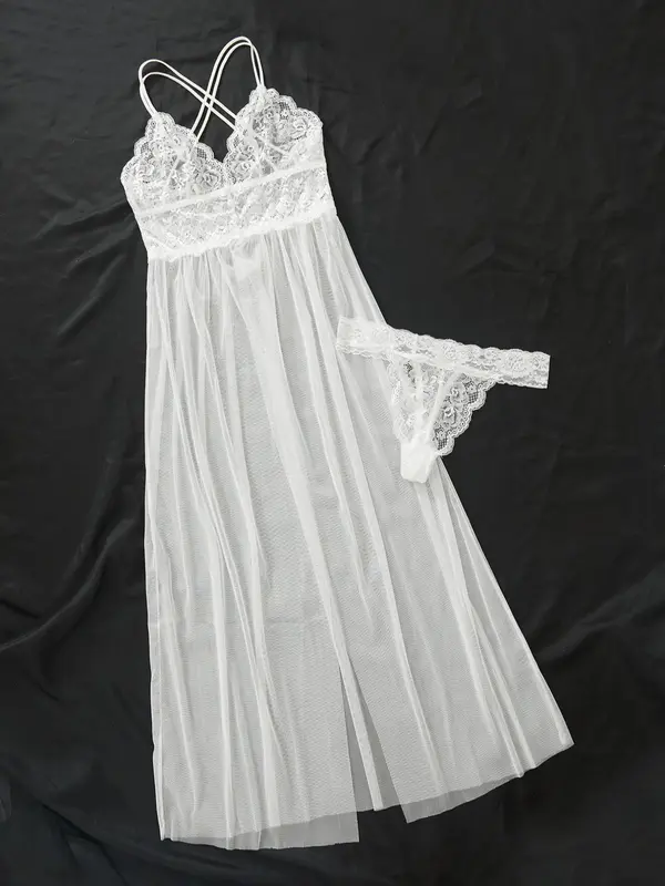 Women's Sheer Criss Cross Cami Nightdress & Scallop Trim Thong PJ Set, Breathable Split Lace Nightgown & Panty, Women's Loungewear For Summer, Summer Clothes Women 2