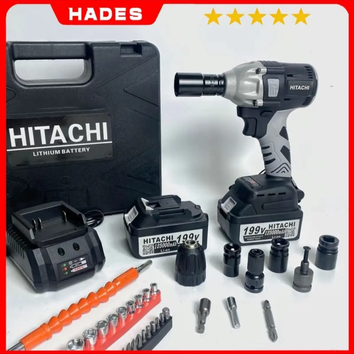 ￼Máy siết bulong Hitachi 199v, máy bắn bulong động cơ không chổi than đầu 2 trong 1