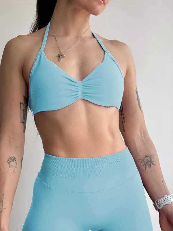 Women's Solid Color Ruched Design Halter Sports Bra, Casual Comfy Breathable Backless Bra for Yoga Gym Workout, Ladies Sportswear for All Seasons, Workout Clothes Women 3