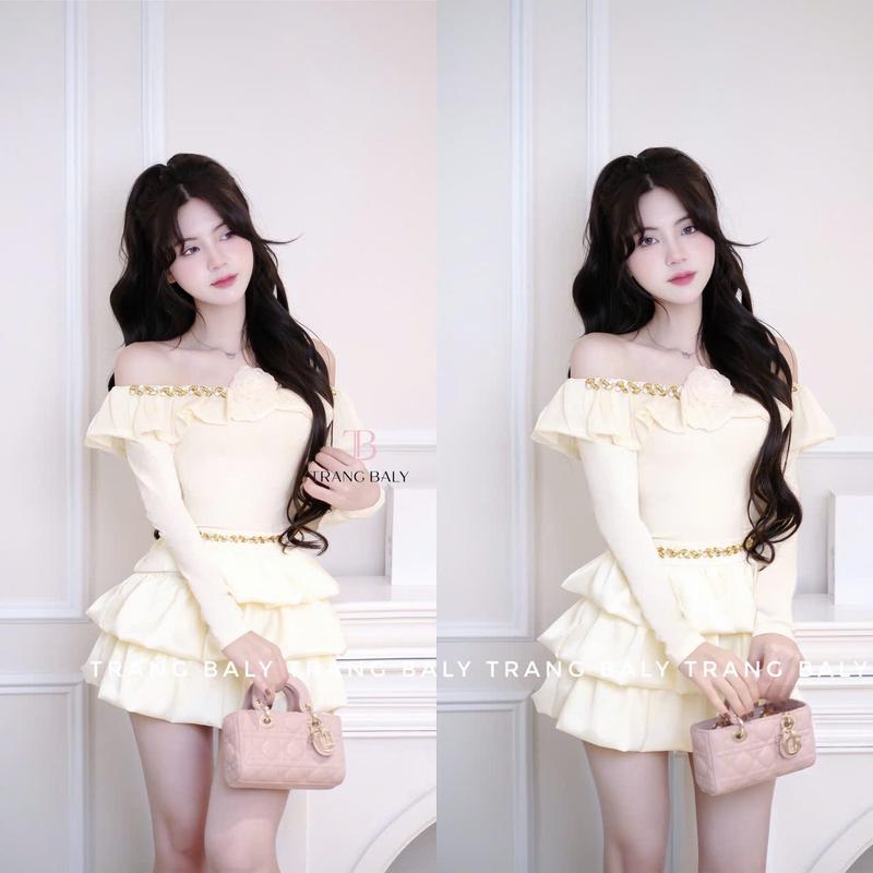 Sét áo trễ vai kèm chân váy tầng đính hoa S1 shop 1