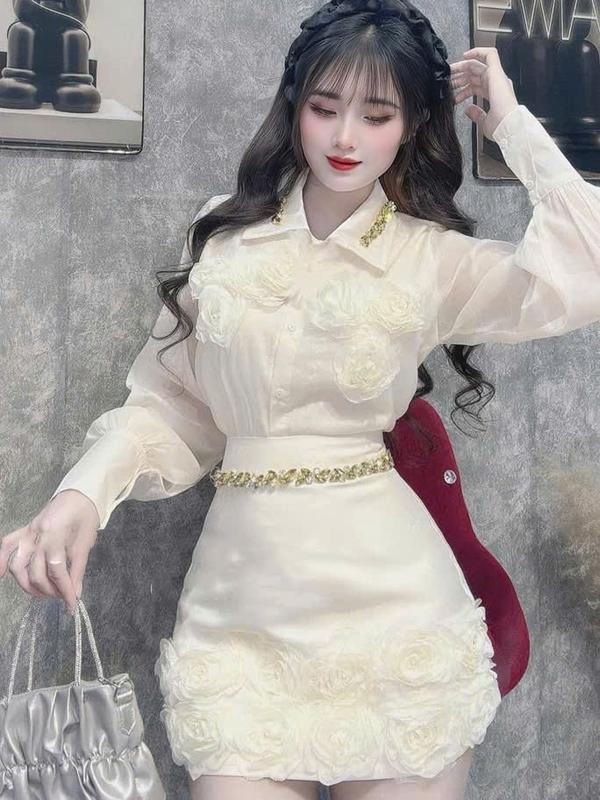  FORM LỚN - LÙI SIZE - Sét áo và chân váy 3 món phối hoa A713 đi tiệc cao cấp mix đá diện tết tiệc cưới công sở KimHoa77 Áo Top Nữ Kem 