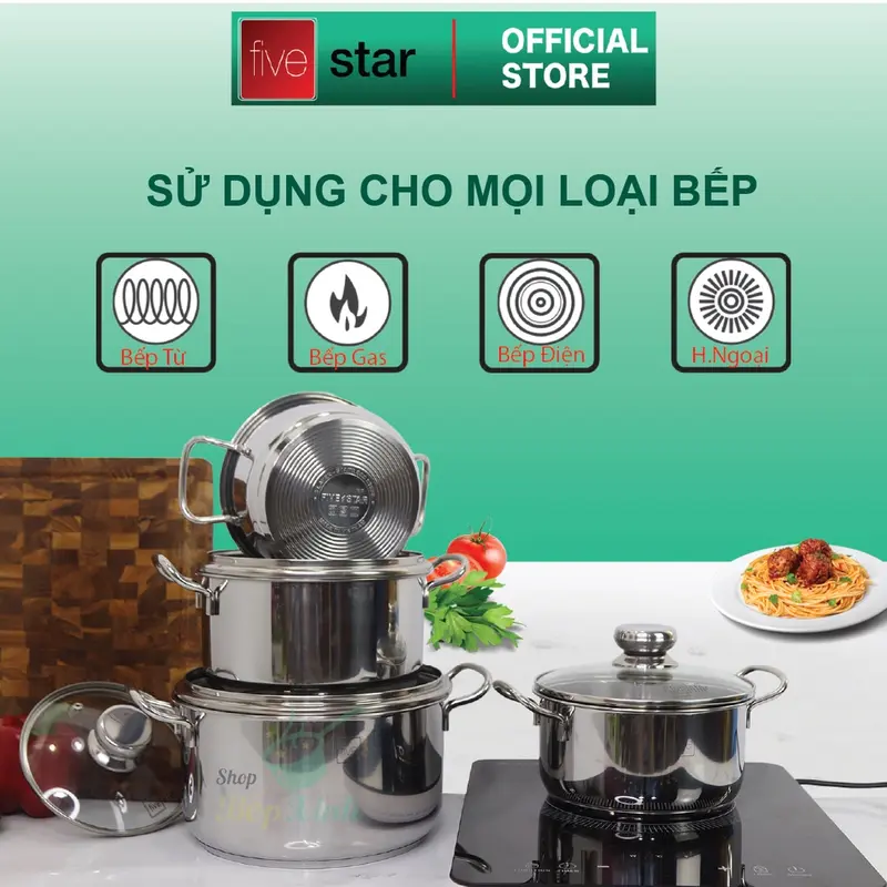 Bộ nồi chảo 3 đáy inox 403 Fivestar 5 món nắp kính tặng 5 muỗng ăn( N16cm x N18cm xN20cm x N24cm x chảo 24cm) 7