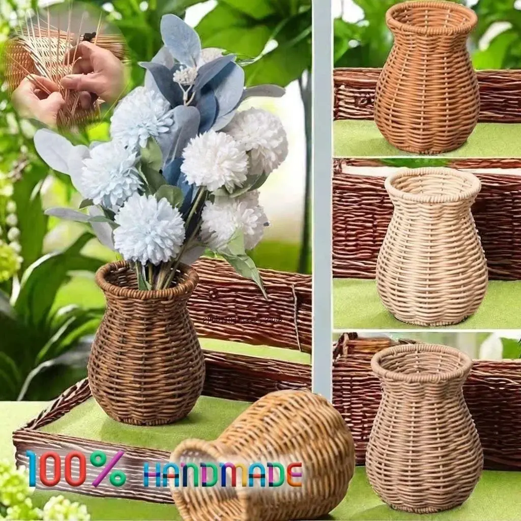 Indoor Desktop Cabinet Decoration Vase Handmade Hand Woven Plastic Vine Vase Flower Rustic Style Rattan Storage Basket Party Organiser