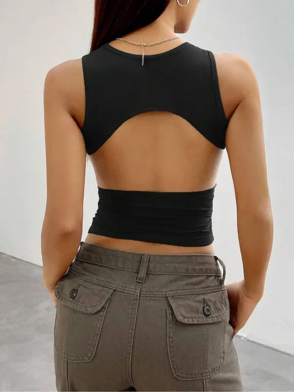 Women's Solid Ruched Backless Crop Tank Top, Casual Sleeveless Round Neck Top for Summer, Ladies Clothes for Daily Wear 5