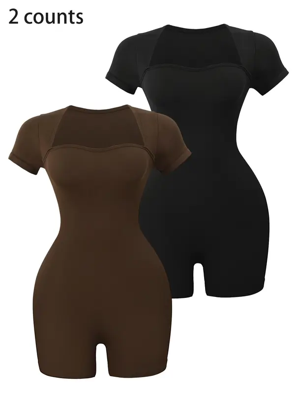 Women's Basic Square Neck Sports  Romper, Pickleball & Tennis Clothes, Lady Sporty Back To School Short Sleeve Ribbed Romper, Ladies   Minimalistic Clothes for Indoor Outdoor Wear, Womenswear 1