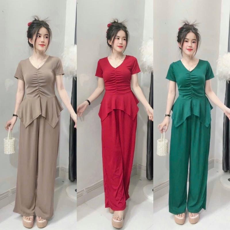  Sét bộ thời trang lai xoè nhấn eo tôn dáng quần phom suông rộng Nữ Women Top 