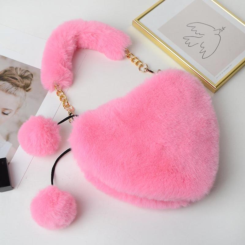 Product Introduction of Women Messenger Bag Cute Heart Shaped Shoulder Bag Fluffy Chain Soft Fashion Crossbody Handbag 37