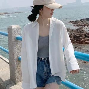 เสื้อกันแดด สีขาว แขนยาว สำหรับผู้หญิง บางและหลวม อเนกประสงค์ สีพื้น ท๊อป มาใหม่