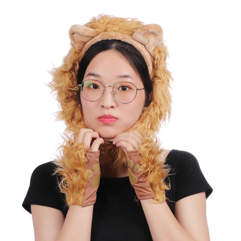SAN3 Halloween Costume Lion Plush Ears Headband Tail and Paws Kit Lion Fingerless Costume for Adults Kids Halloween Decor 1