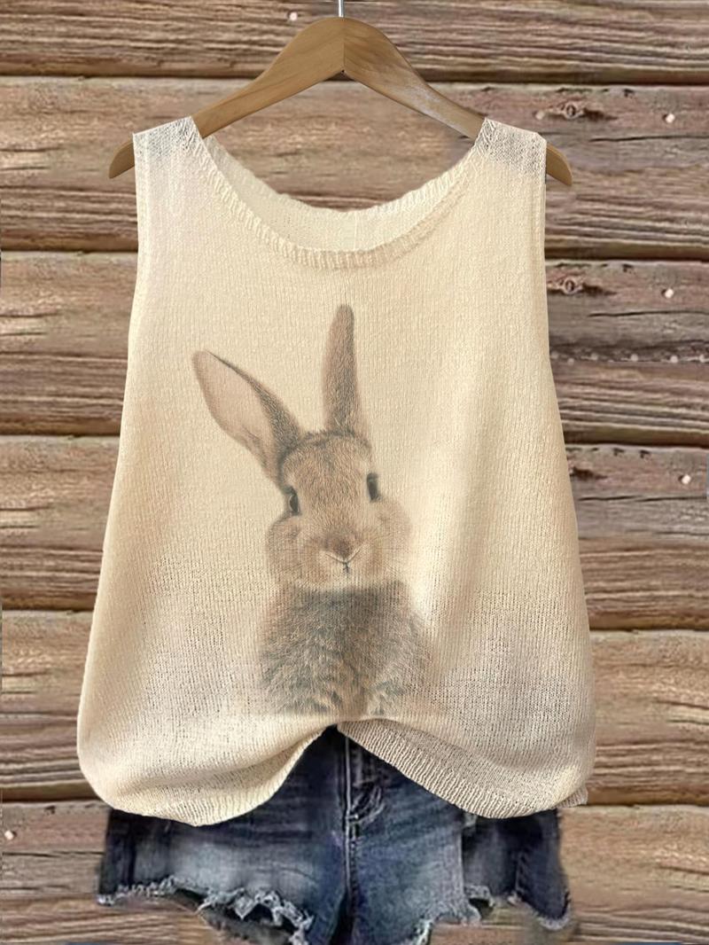Product Introduction of Women's Cartoon Bunny Print Round Neck Sweater Vest, Casual Sleeveless Knit Top for Summer, Fashion Women's Knitwear for Daily Wear, Sweaters for Women 1