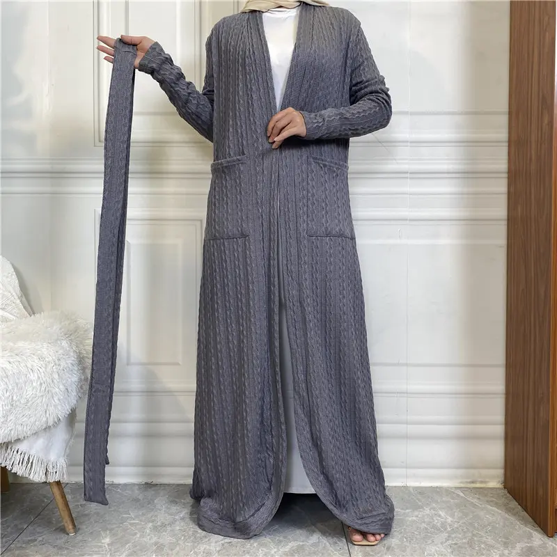 Autumn Winter Knitted Long Sleeve Front Pocket Round Edge Cardigan Sweater Muslim Long Coat 1952