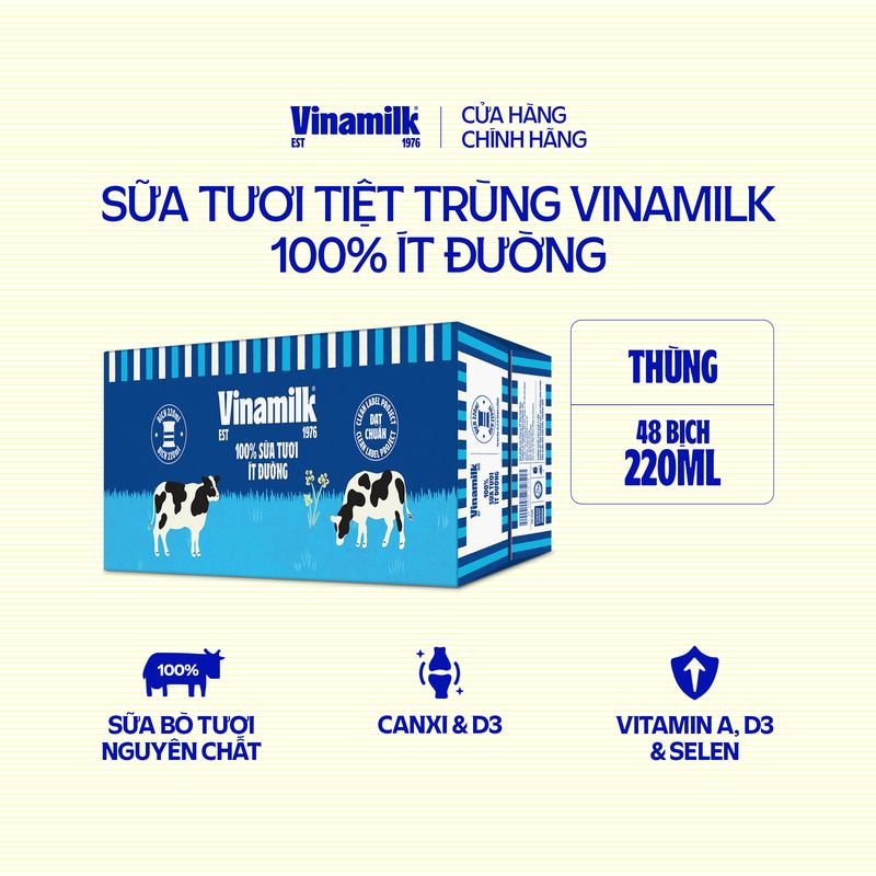 2 Thùng 96 bịch Sữa tươi tiệt trùng 100% Vinamilk ít đường 220ml