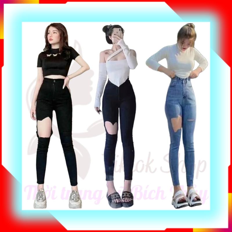 Quần jean nữ rách kiểu quần bò nữ rách đùi lưng cao dáng ôm HOTTREND Pants Women