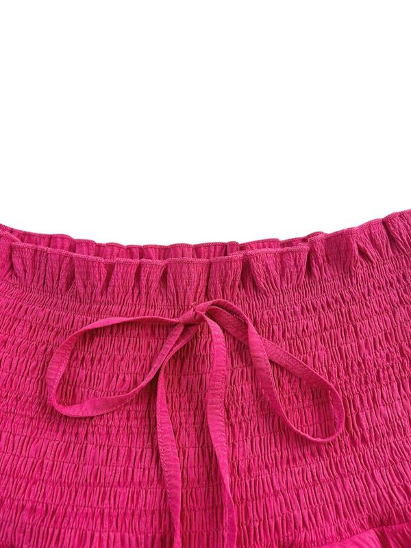 Women's Plain Shirred Frill Trim Tie Front Wide Leg Shorts, Casual High Waist Ruffle Hem Shorts for Summer, Ladies Bottoms for Daily Wear 5