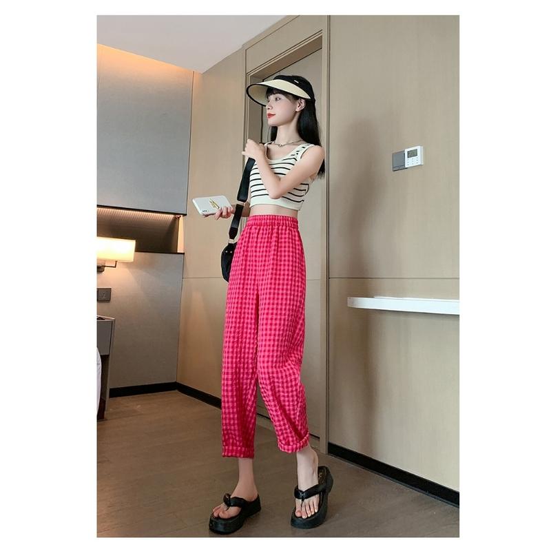 Quần Baggy Kẻ Caro Mỏng Mát Xinh Xắn Nữ Màu Hồng Women Pants