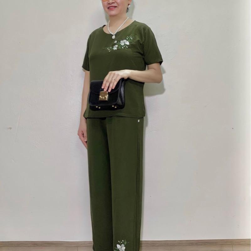 Đồ Bộ Trung Niên, Bộ Tay Cộc Áo thêu Hoa Mai Quần Dài thêu hoa Nữ Women 0