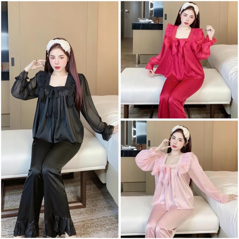 Đồ bộ nữ mặc nhà dành cho nữ tay dài cổ vuông phối voan bèo  tiểu thư Lụa Xước màu dễ thương phù hợp sz 40-60kg mặc bốn mùa