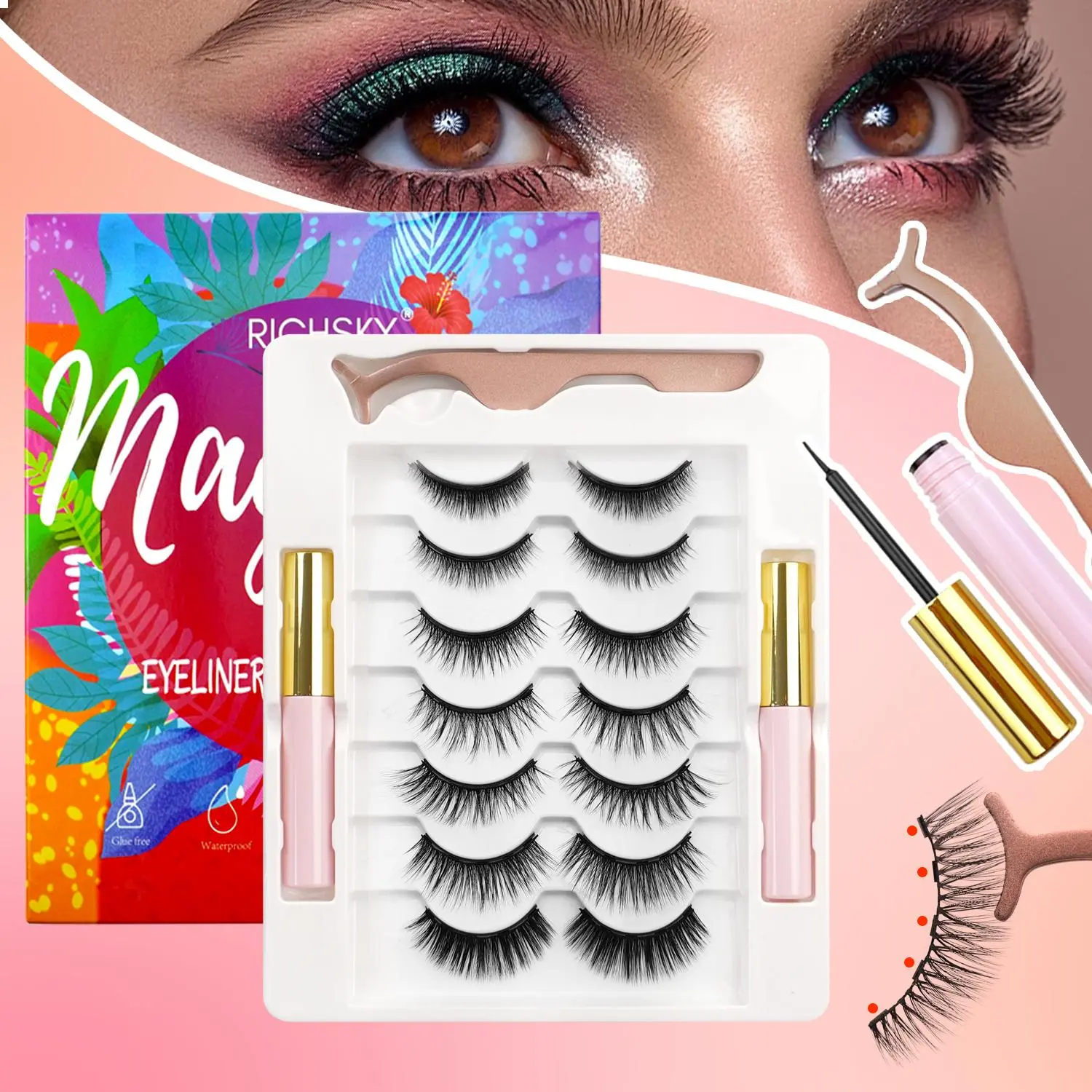 Fluffy Magnetic Eyelashes With Glue And Tweezers Kit, 7 Pairs Natural Faux Lashes, Volumized False Eyelashes For Women And Girls Makeup Enhancement