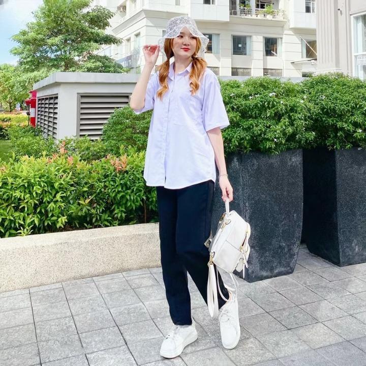 Áo sơ mi học sinh FORM RỘNG, TRẮNG XANH NHẸ, MỎNG VỪA GIÁ RẺ BÌNH DÂN Nữ Women Shirt Top 7
