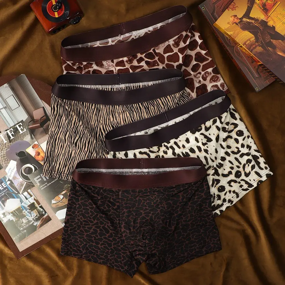 2025[5961 People Collection] Ice Silk Leopard Print Men's Printed Underwear Summer Cool Breathable Mid Waist Trendy Boxer Sexy Boys Boxer Shorts