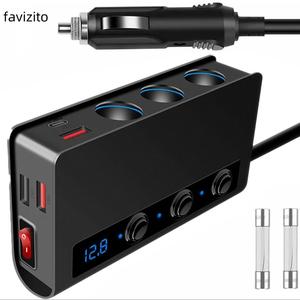 Favizito 180W 12V/24V 車載急速充電器、3つのソケットと3つのUSB、1つのType-C付き、QC 3.0 & PD 18W対応、LED電圧表示付き車載充電器