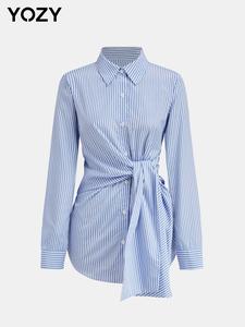 YOZY Women's Striped Print Button Front Knot Front Shirt, Casual Long Sleeve Collared Top for Fall & Winter, Women's Clothes for Daily Wear
