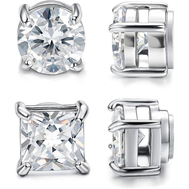 Cassieca 2 Pairs Stainless Steel Magnetic Stud Earrings for Men Women Non-piercing CZ 5-8MM 1