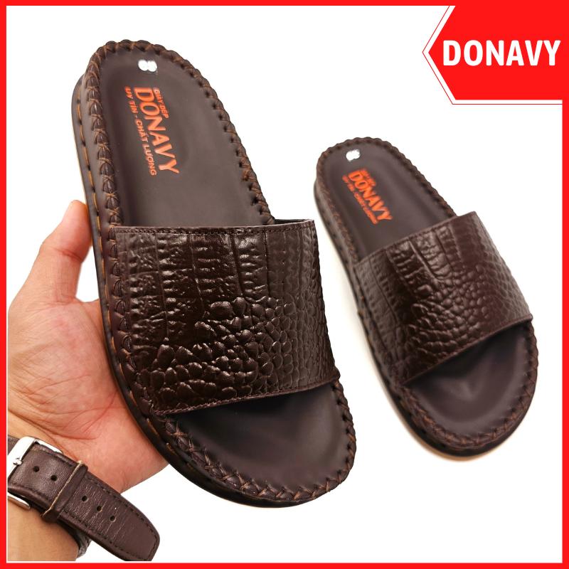 {Gù Cá S.ấu} Dép Nam DONAVY Da Bò Thật Cao Cấp, Quai In Vân Gù Sắc Nét, Chiếc Lá Đỏ Đặc Sắc Dưới Đế - Chống Trơn Trượt  D.kbxit V24 sanpham moi