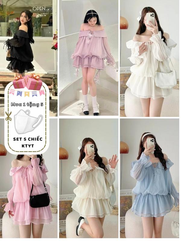 Váy Babydoll Bồng Trễ Vai Tay Dài Bo Chun Eo -Yumi Dress