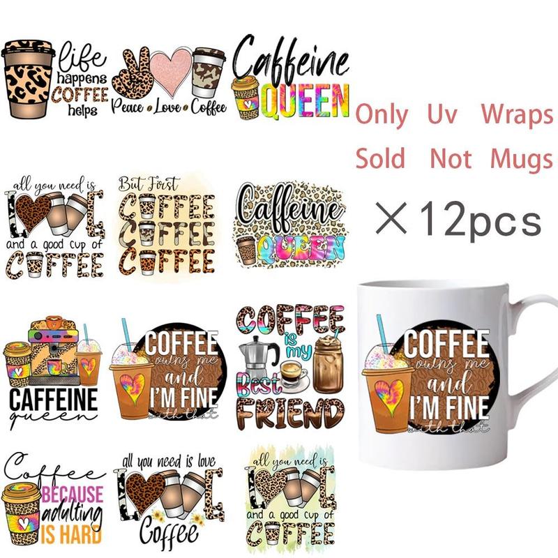 Coffee Letter Pattern Coffee Cup Sticker, 12pcs/set UV DTF Self-adhesive Bottle Wrap, Decorative Sticker for Coffee Cup, Glass Jar, Cup, DIY Decorative Sticker 0