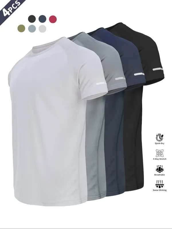 Men's Plain Reflective Design Sports Tee, Breathable Fit Quick Drying Short Sleeve T-shirt, Activewear, Men's Sportswear for Gym Workout Running, Clothing 3
