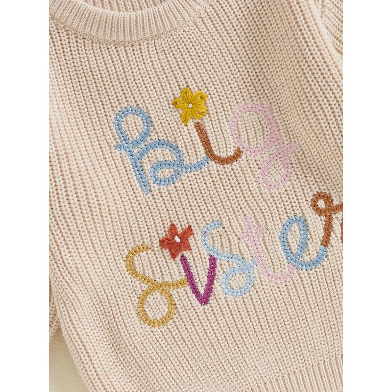 Product Introduction of Little Girl's Sweater Casual Letter Flower Embroidery Crew Neck Long Sleeve Pullover Tops for Fall Winter 33