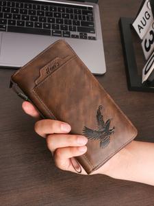 イーグルエンボスビジネスウォレット、ラグジュアリーエイサーテクスチャー、スマホとカード収納、防盗ジッパーデザイン、通勤旅行用セーフボックス