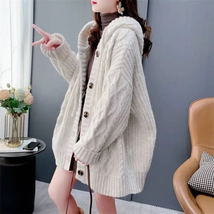 Áo Len Có Mũ Trùm Đầu Cổ Điển Phong Cách Thường Ngày Áo Cardigan, Dành Cho Nữ, Mùa Thu Và Mùa Đông, Dáng Rộng Vừa Vặn, Dài Trung Bình Áo Khoác Dệt Kim, Hàng Mới Về Năm 2024 4