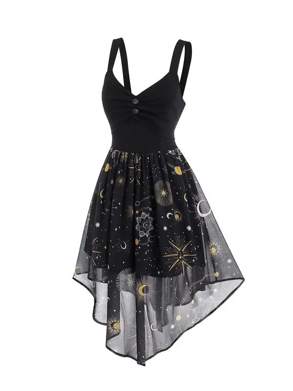 Women's Star & Moon Print Cami Dress, Retro Elegant Sleeveless A-line Dress for Party Holiday Vacation, Ladies Summer Clothes, Womenswear 2