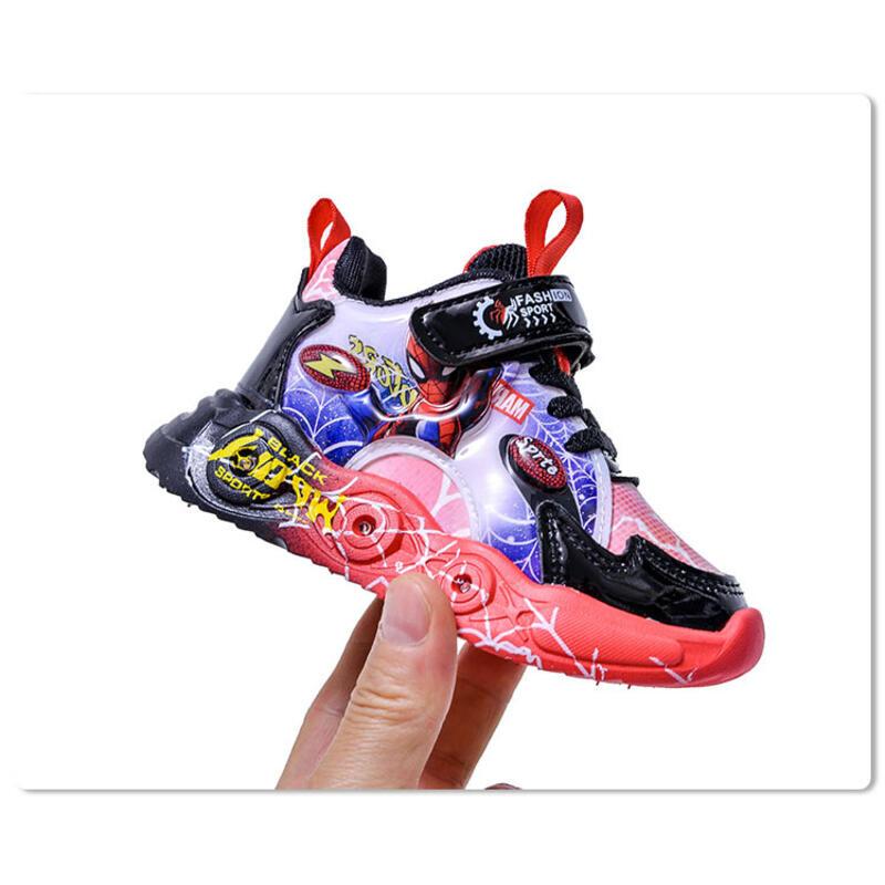 Product Introduction of 2024 Spring Autumn Lights New Children's Leather Spider Man LED Induction Light Boys' Sports and Casual Shoes 12
