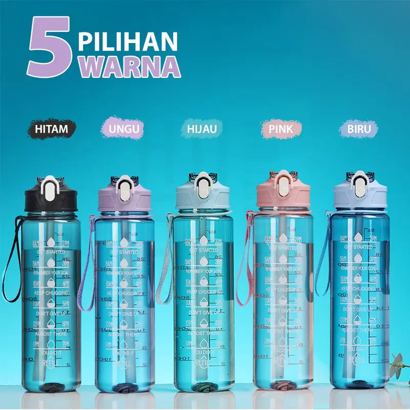 HUGO Botol Minum Motivasi 1 Liter Transparan Bening Botol Air Anak dengan Sedotan Premium BPA FREE 8