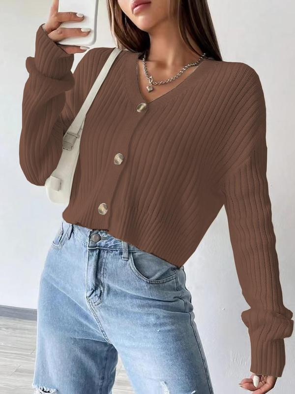 Women's Plain Button Front Drop Shoulder Cardigan, Casual Solid Long Sleeve V Neck Knitwear for Fall & Winter, Women's Clothing for Daily Wear, Workwear for Women, Go Out Tops, Womenswear 2