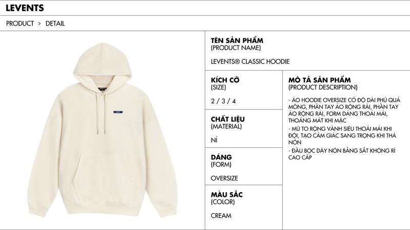 Product Introduction of Áo Hoodie Levents Classic Chất Nỉ Chân Cua Unisex Oversized 1