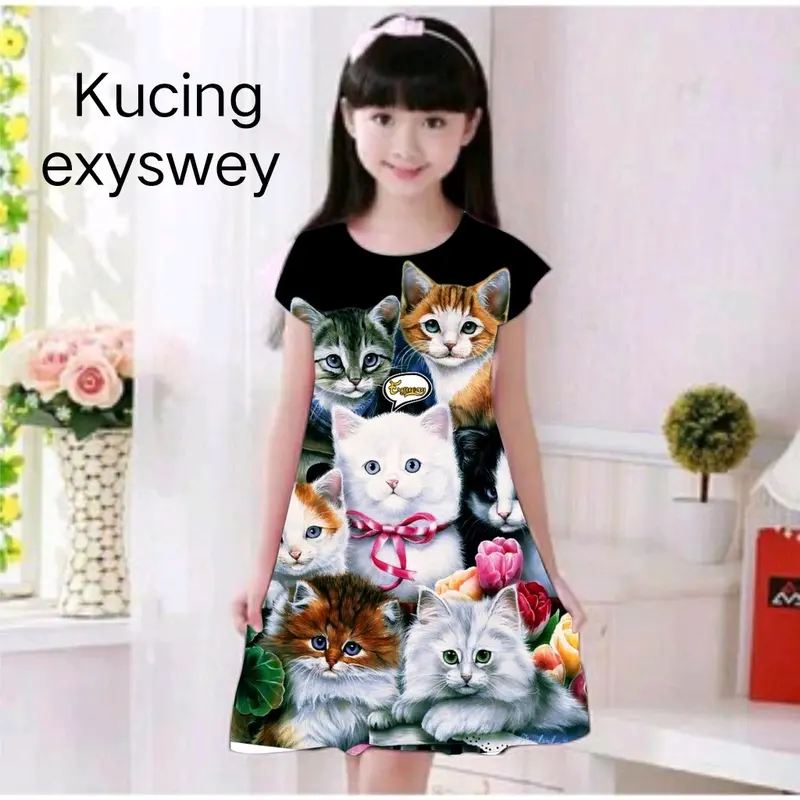 Dress anak motif kucing usia 2-11 tahun 6