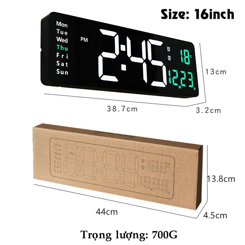 Đồng Hồ LED Điện Tử Treo Tường Màn Hình Lớn 16Inch Điều Khiển Từ Xa Đa Chức Năng Decor Phòng 3