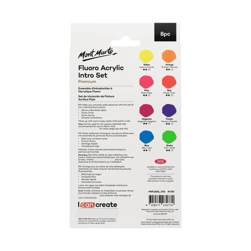 Set 8 Màu Acrylic Phản Quang Mont Marte x 18ml - Fluoro Acrylic Paint Intro Set - PMFL8181 3