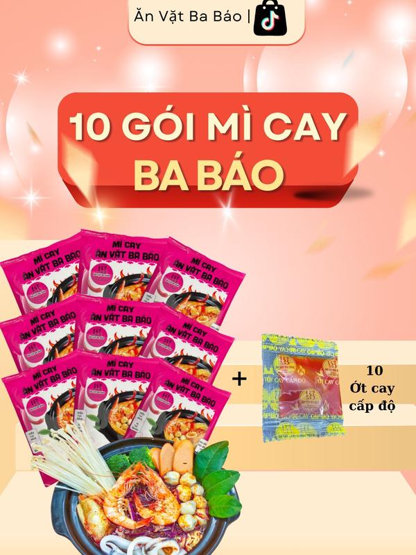 [ DEAL TRI ÂN ] Combo 10 gói mì cay Ăn Vặt Ba Báo cốt pha sẵn , Huơng vị quán ( 1 gói gồm mì và súp ) Kèm ớt cay cấp độ