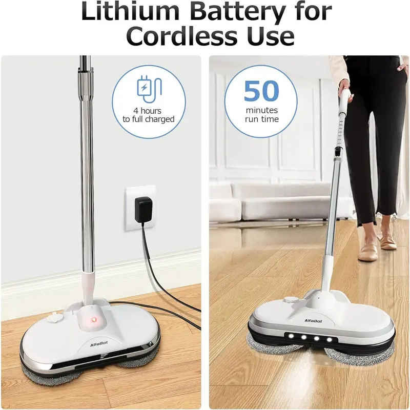 Cordless Electric Mop for Floor Cleaning, AlfaBot WS-24 Electric Spin Mop, Electric Mop with Water Sprayer and LED Headlight, Lightweight & Rechargeable Floor Scrubber for Hardwood Tile Floors 2