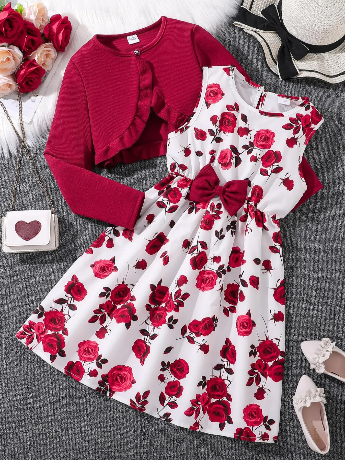 Girl's Floral Print Bow Decor Dress & Long Sleeve Outerwear Two-piece Set, Elegant Fashion Casual Outfits for Daily Outdoor Wear, Girls Clothing for Fall & Winter