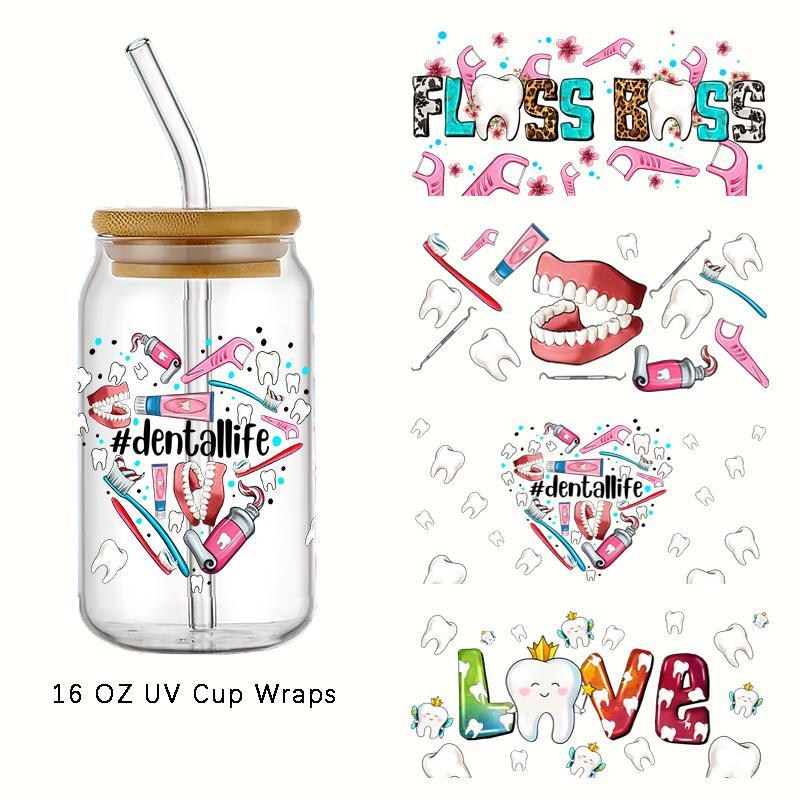 Dental Life Element UV DTF Transfer Sticker, 4 Counts/set Glass Jar Packaging Sticker, Love Dentist & Fairy Element Design UV DTF Cup Packaging Sticker 1