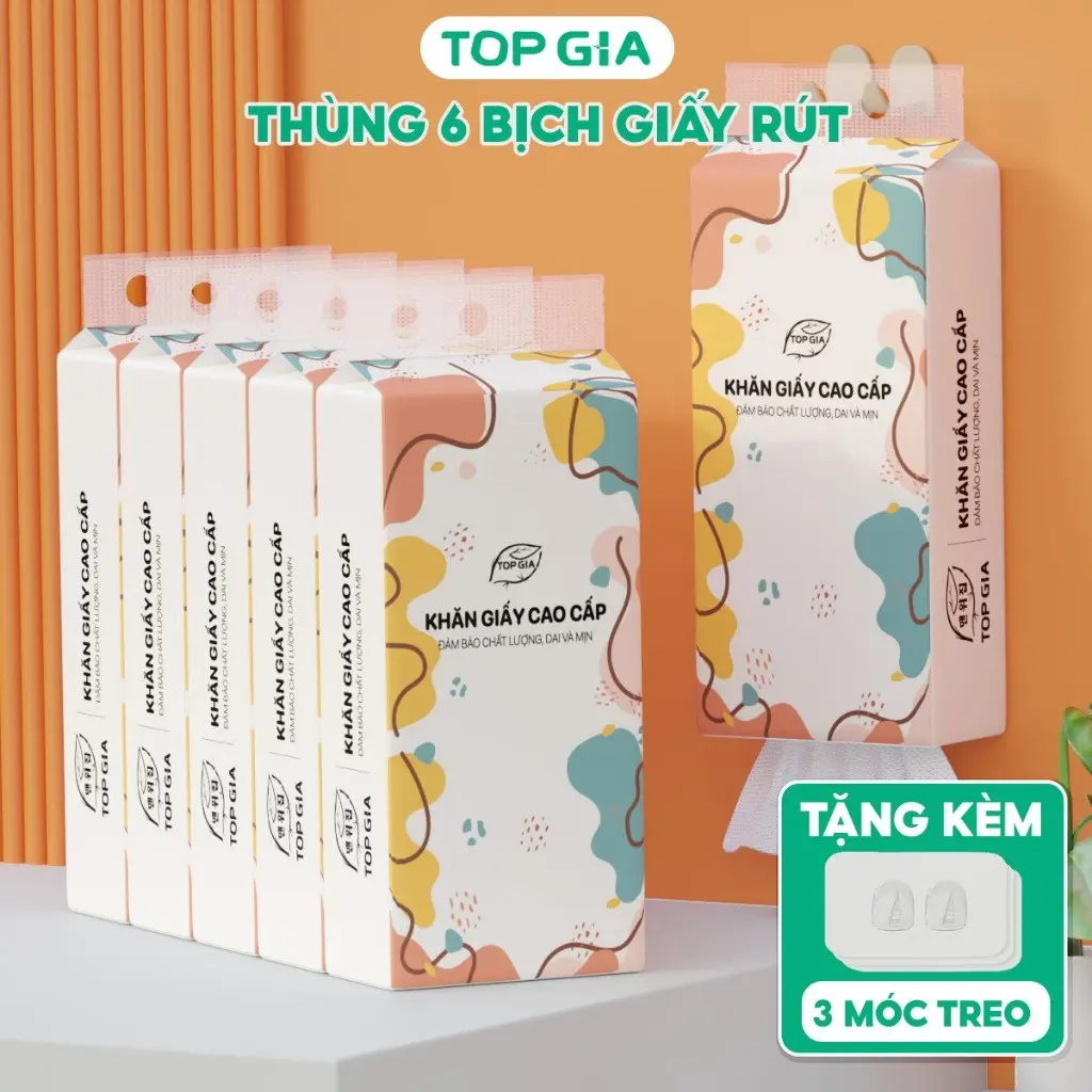 Giấy vệ sinh treo tường Top Gia thùng 6 bịch đa sắc làm từ bột gỗ nguyên chất, 1280 tờ 4 lớp dày dặn