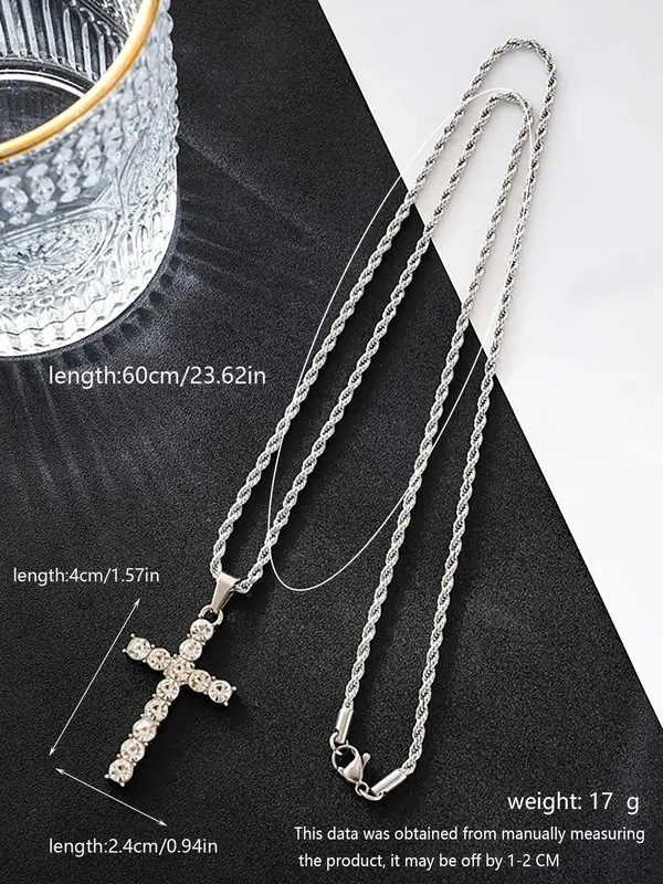Trendy Rhinestone Cross Pendant Necklace for Men, Zinc Alloy Matching Necklace Jewelry for Party, Classic Fashion Accessories for Daily Wear 1